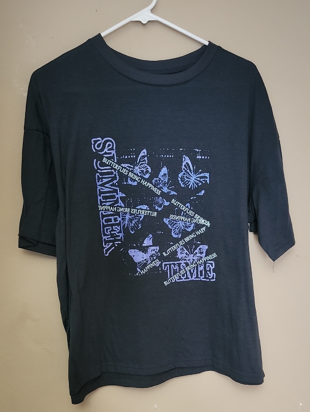 Black Graphic Tee with Purple Butterfly Print